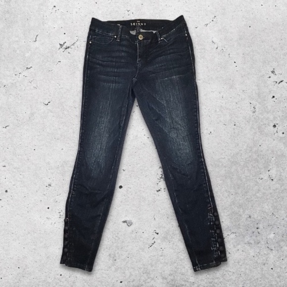 White House Black Market Skinny Ankle Jeans Faded Thigh Distressed Dark Wash 2P - Picture 1 of 12